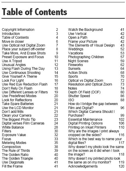 The Contents Page For Digital Photography Secrets E-book