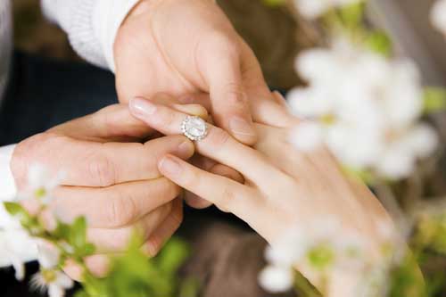 Close Up Shot Of Engagement Ring Being Put On To Woman's Finger